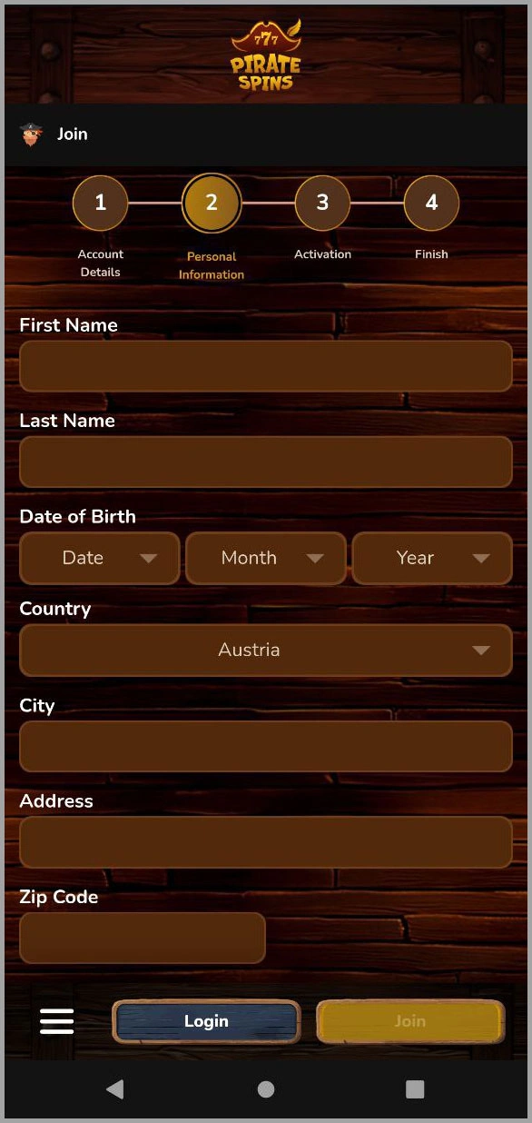 Register directly at Pirate Spins casino and start playing