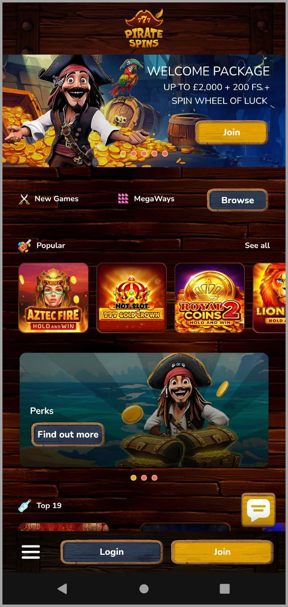 Compact overview of Pirate Spins casino main sections