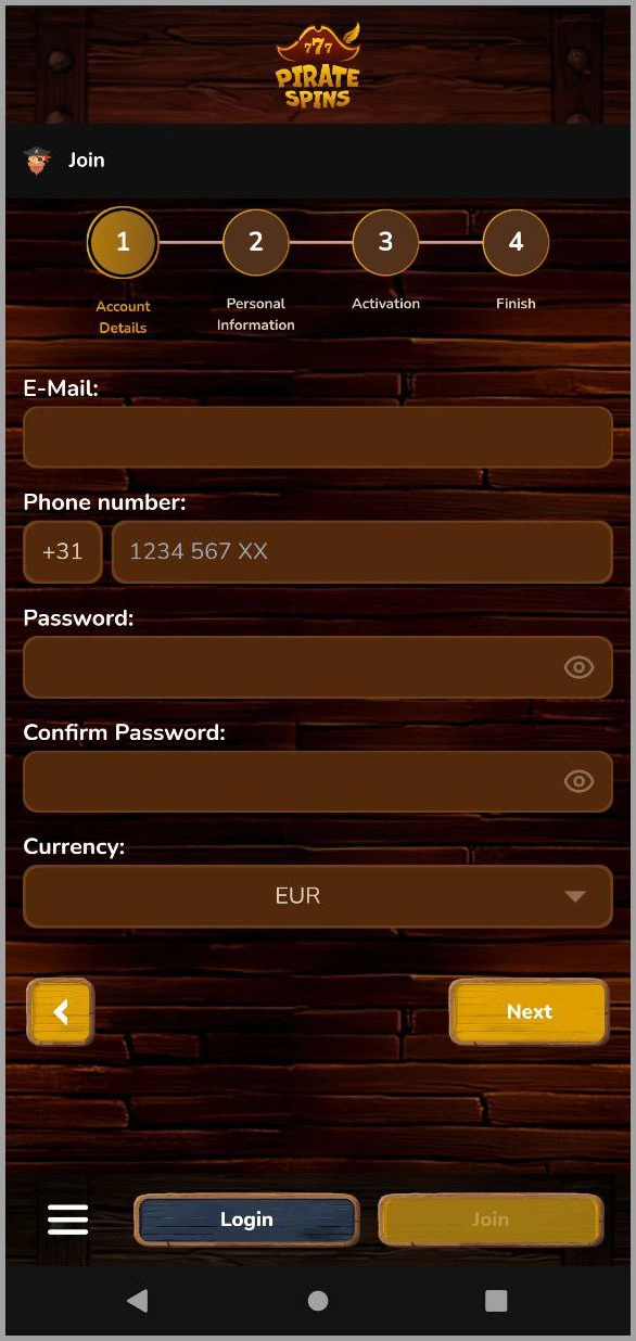 New players can easily create an account at Pirate Spins casino