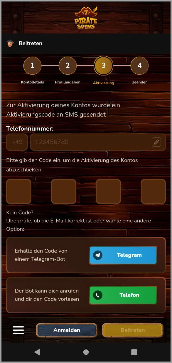 Registrierung für ein neues Konto im Pirate Spins casino Casino