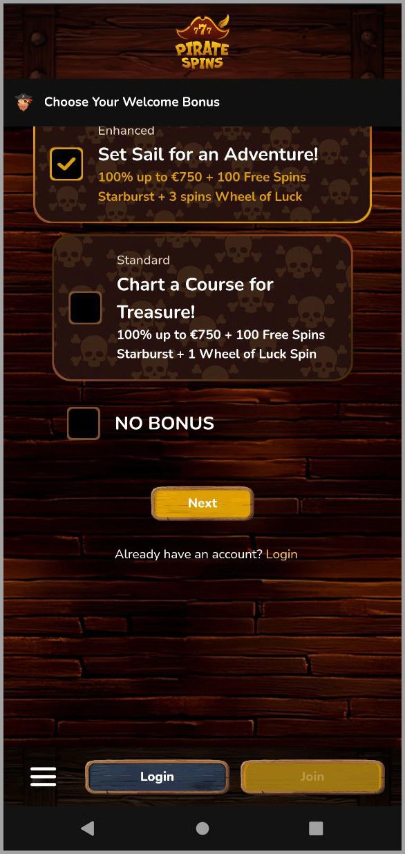 New player signup bonus at Pirate Spins UK